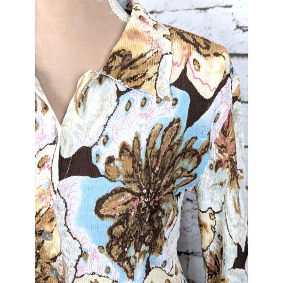 ALBERTO MAKALI Crushed Crinkle Sequined Stretch Shirt Psychedelic Artsy Medium - Picture 3 of 8